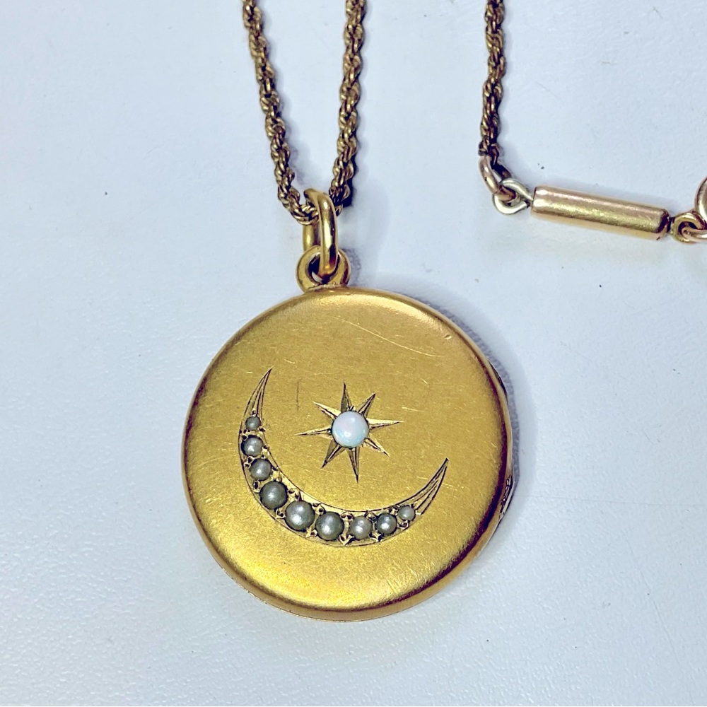 Antique Opal Seed Pearl Locket Necklace 1908 Gold Filled